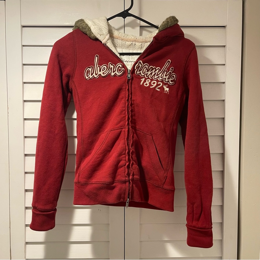Abercrombie Red Zip Hoodie Sherpa Lined Knit Hood XL